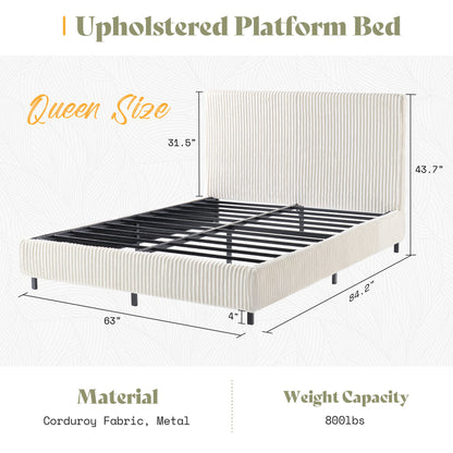 Velmure Corduroy Platform Bed Frame-Queen-Cream