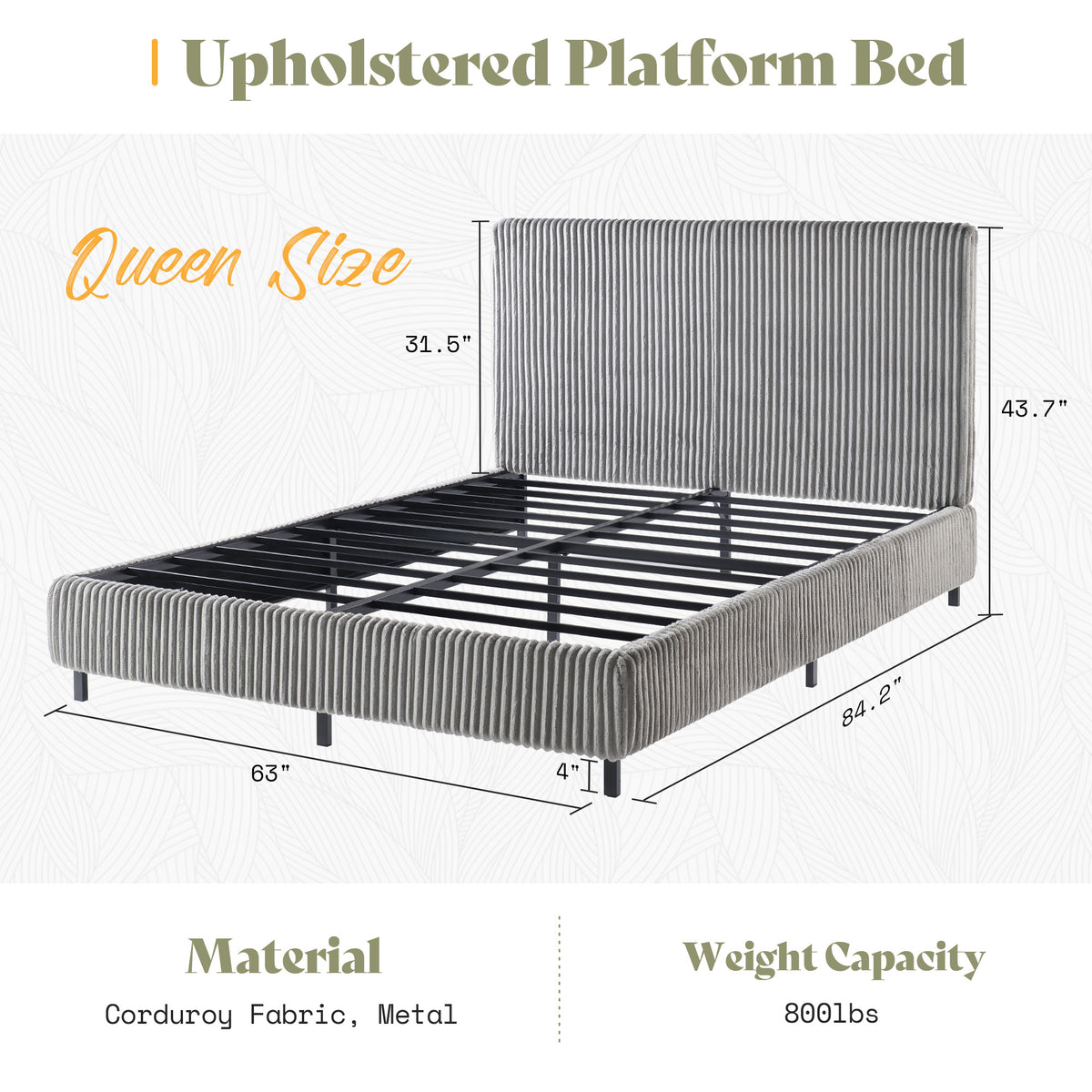 Velmure Corduroy Platform Bed Frame-Queen-Grey