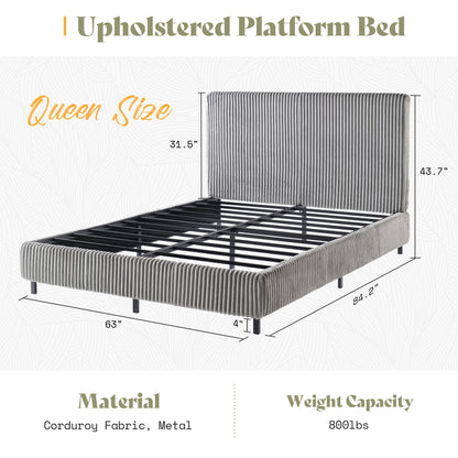 Velmure Corduroy Platform Bed Frame-Queen-Grey