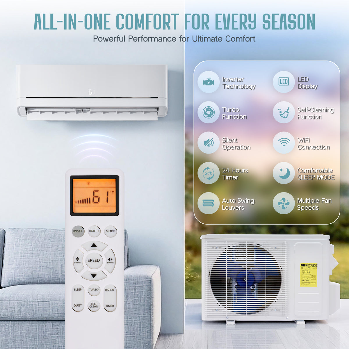 Whisper Ductless Mini Split AC and Heating System-24000BTU-220V