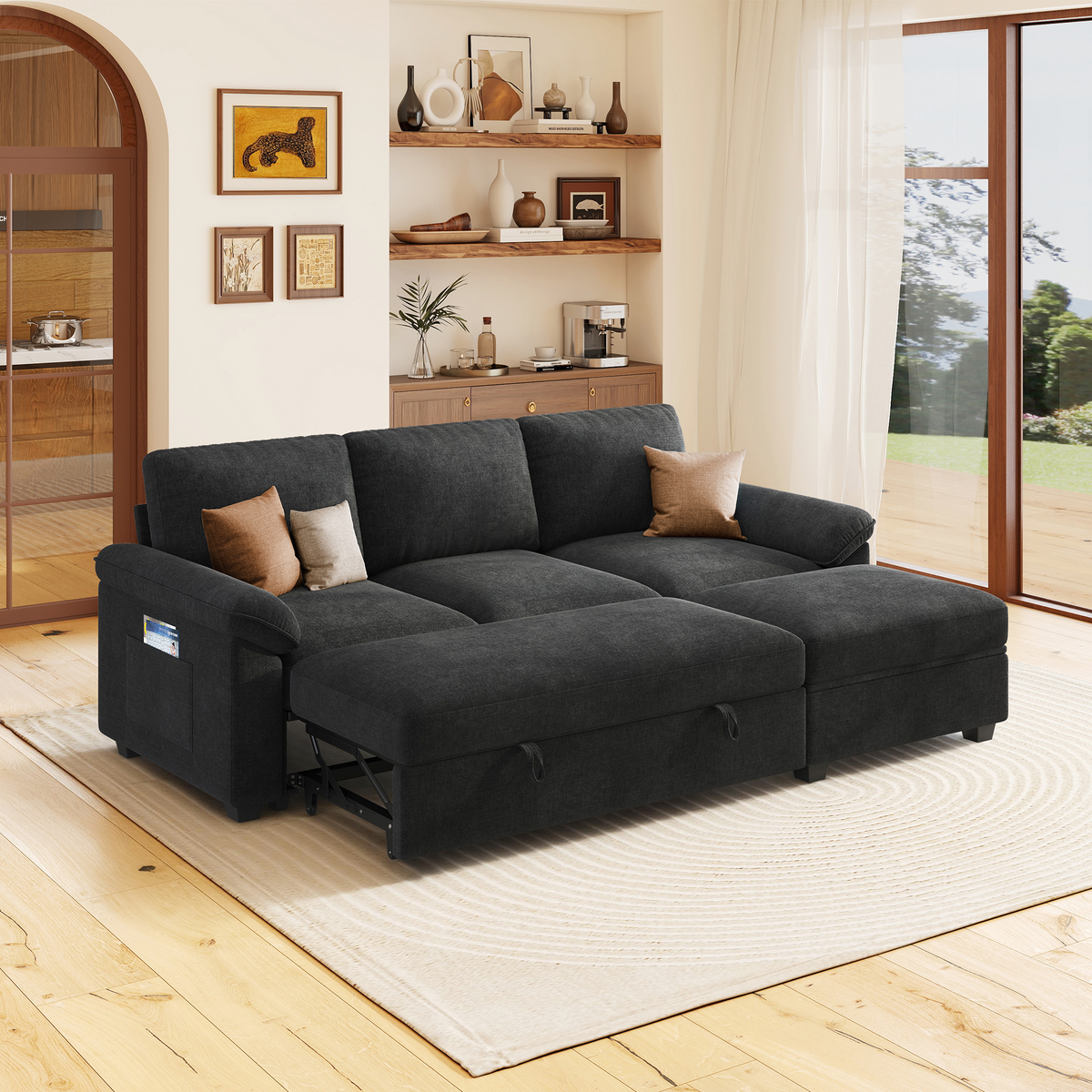 Sleeper Sectional Sofa with Pull Out Bed & Storage-81" | 3-Seater | Fixed backrest-Gray