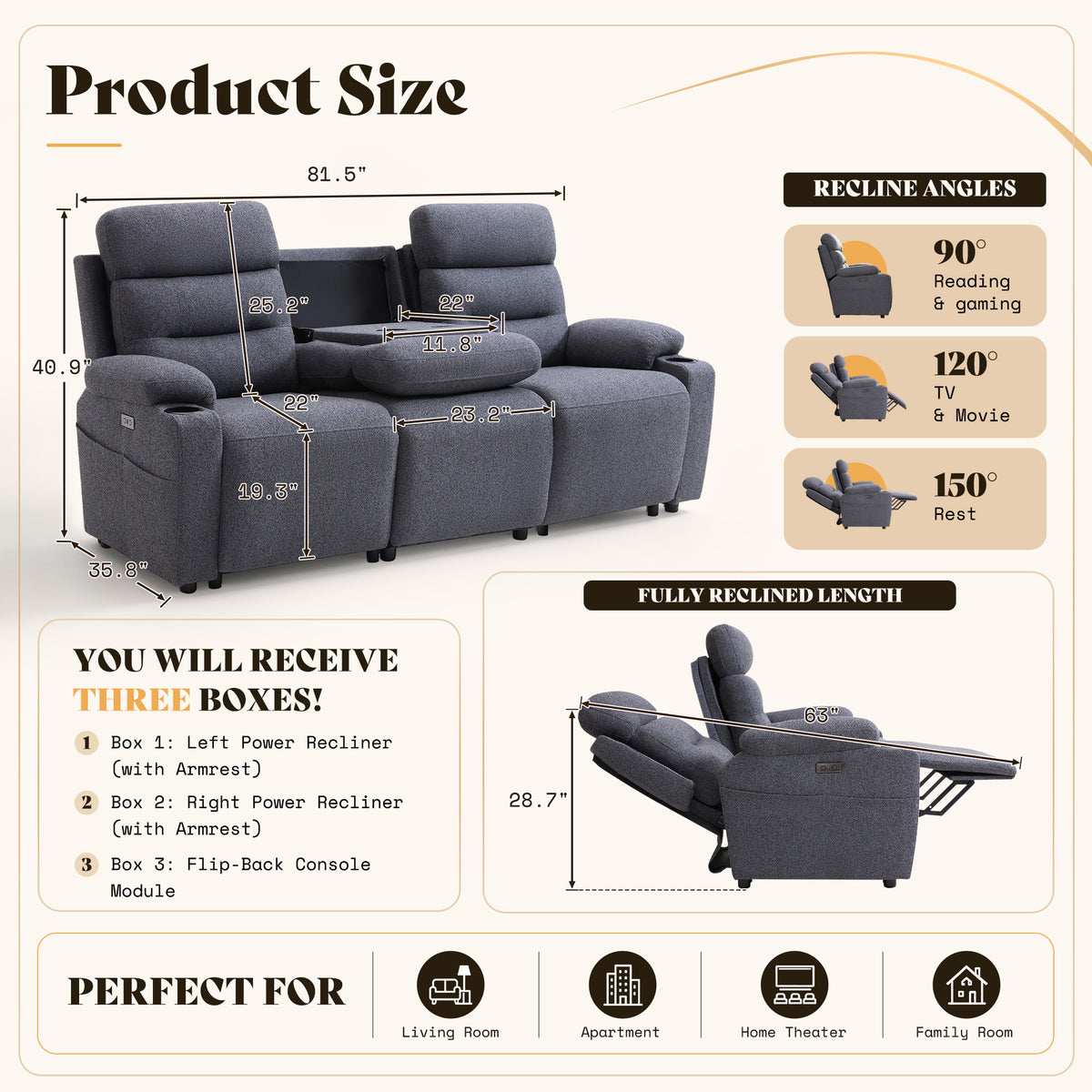 L-Shaped Power Reclining Sectional Sofa with Console-3-Seat with Flip Console-Dark Grey