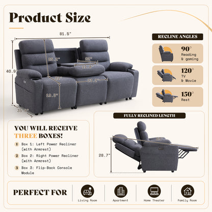 L-Shaped Power Reclining Sectional Sofa with Console-3-Seat with Flip Console-Dark Grey