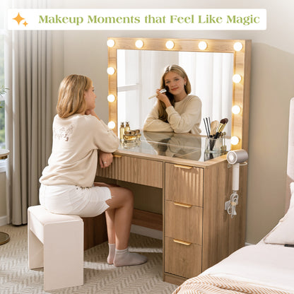 Glow 36.2" Fluted Vanity Desk Amerlife Natural Wood