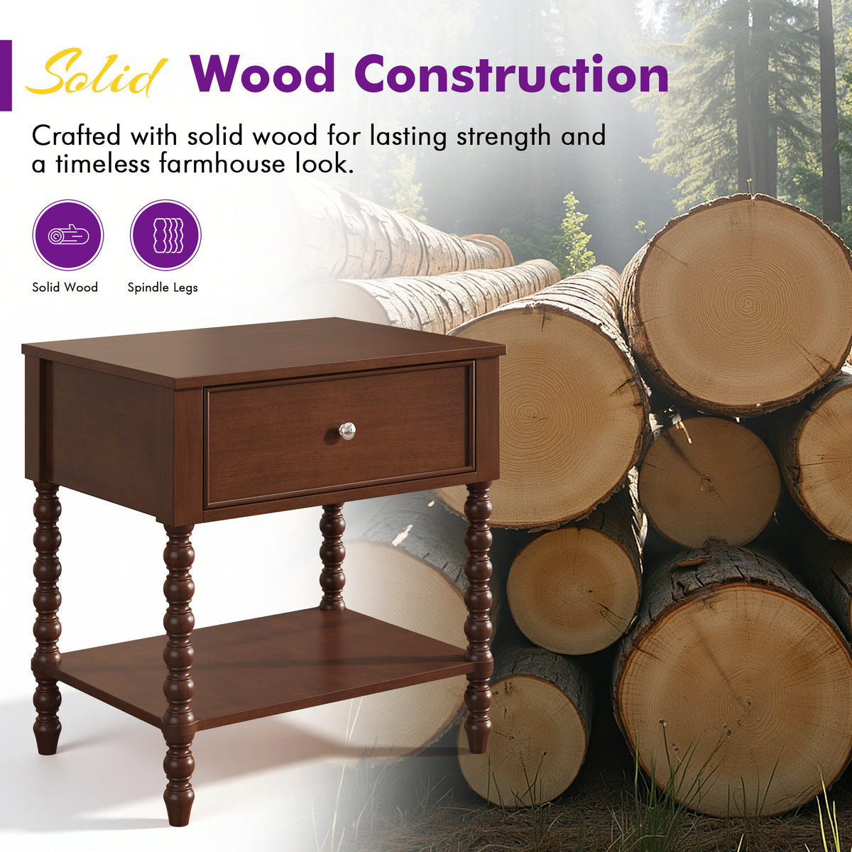 Spindle Solid Wood Nightstand  Dark Walnut / 2PC