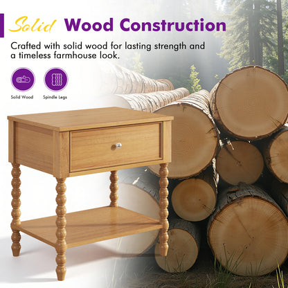Spindle Solid Wood Nightstand  Natural Wood / 2PC