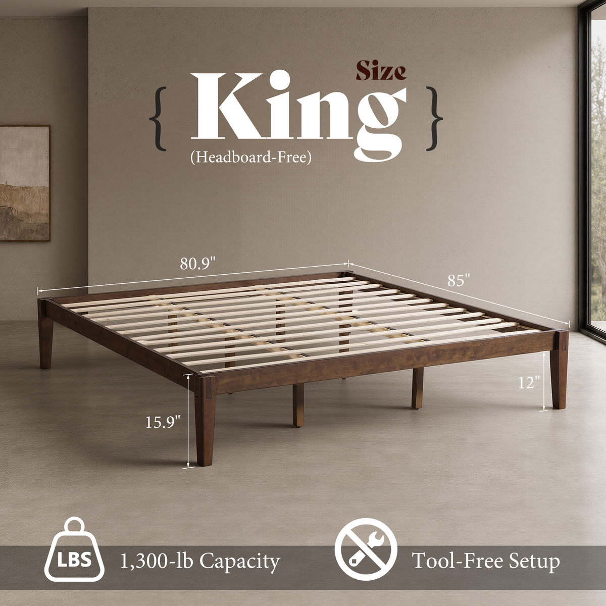Quill Japanese Joinery Solid Wood Platform Bed Frame-King-Dark Walnut