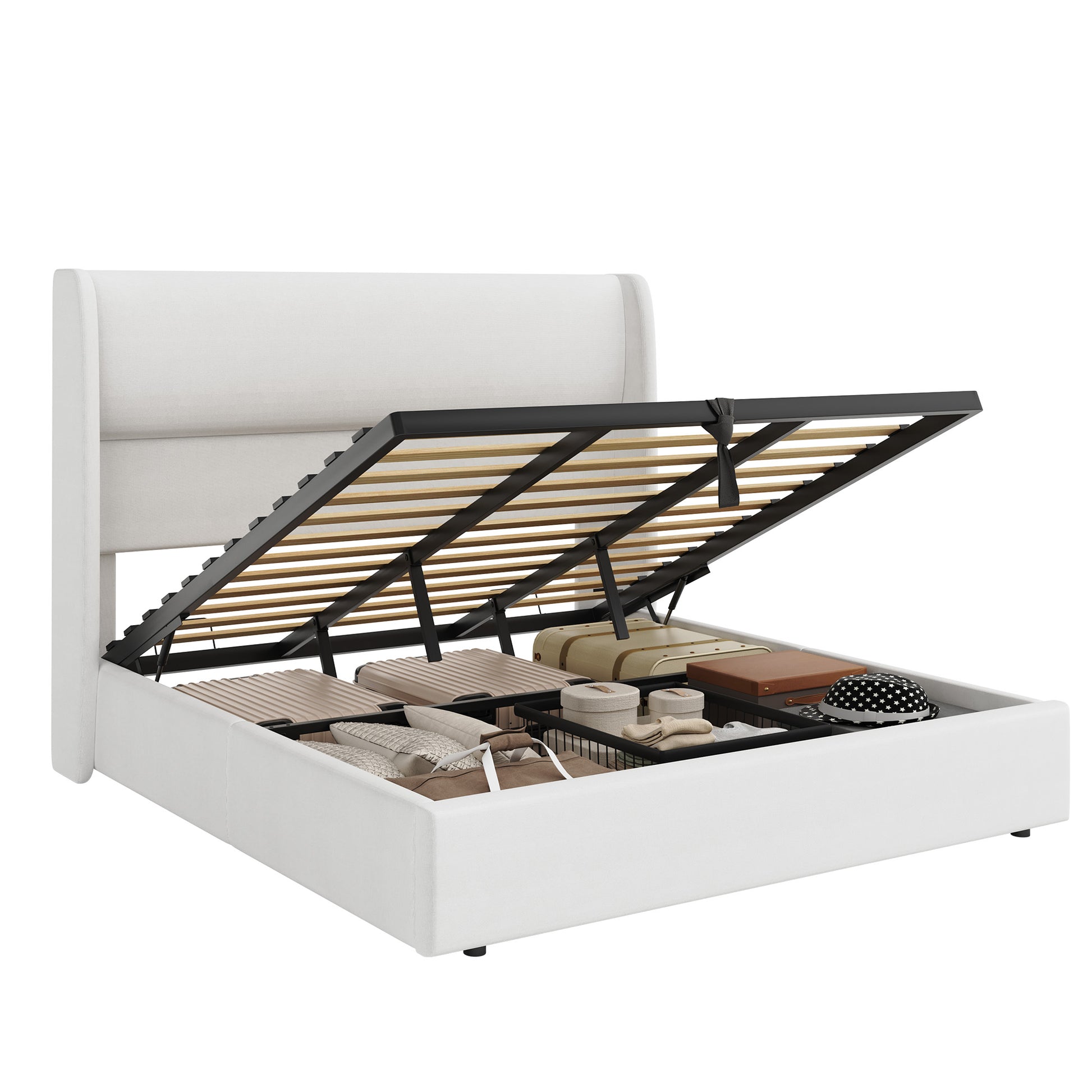 Haven Upholstered Hydraulic Storage Bed Frame-Queen-White