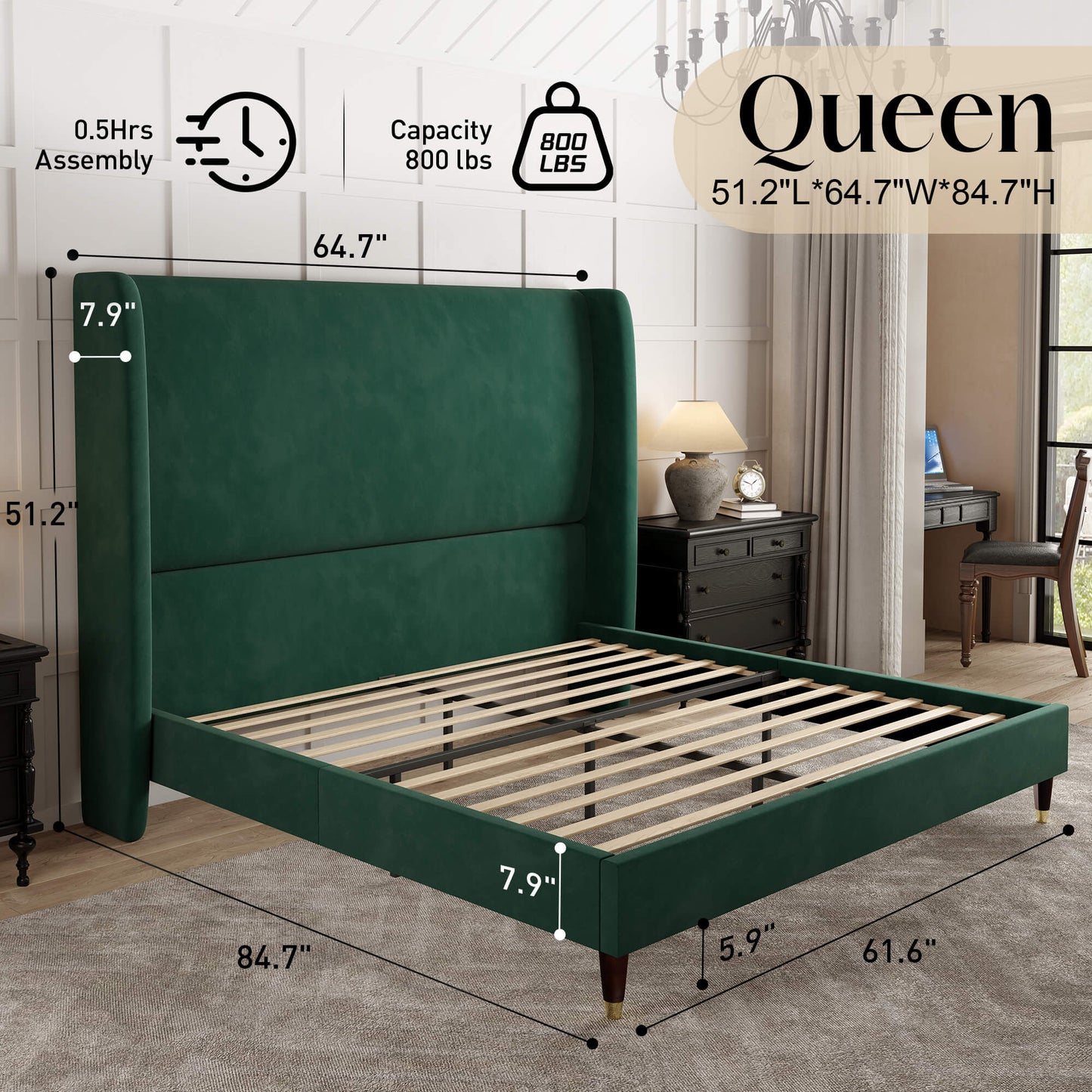 Lanner Bed Frame with Velvet Headboard Amerlife Green