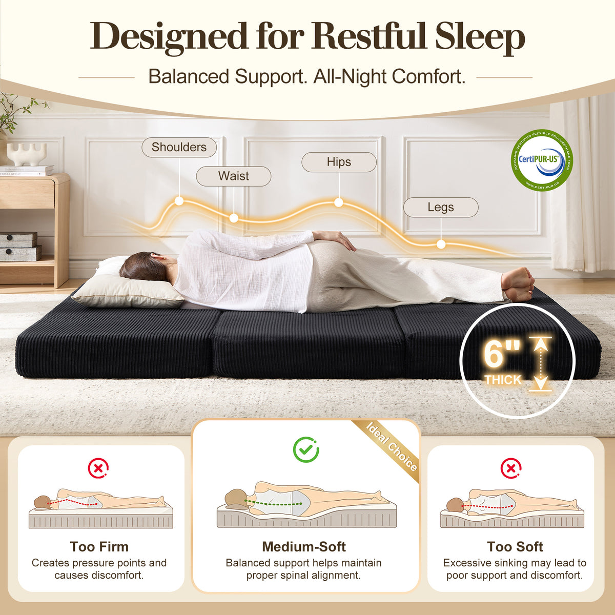 Fold 6-Inch Tri-Fold Folding Mattress-Full-Black