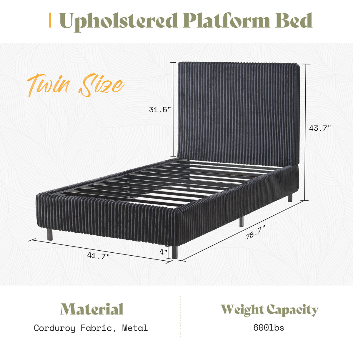 Velmure Corduroy Platform Bed Frame-Twin-Black