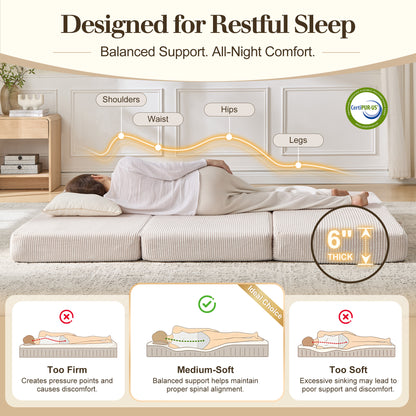 Fold 6-Inch Tri-Fold Folding Mattress-Full-Beige