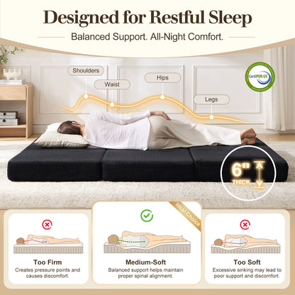 Fold 6-Inch Tri-Fold Folding Mattress-Queen-Black