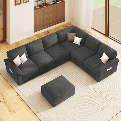 Sleeper Sectional Sofa with Pull Out Bed & Storage-105" | 7-Seater-Gray