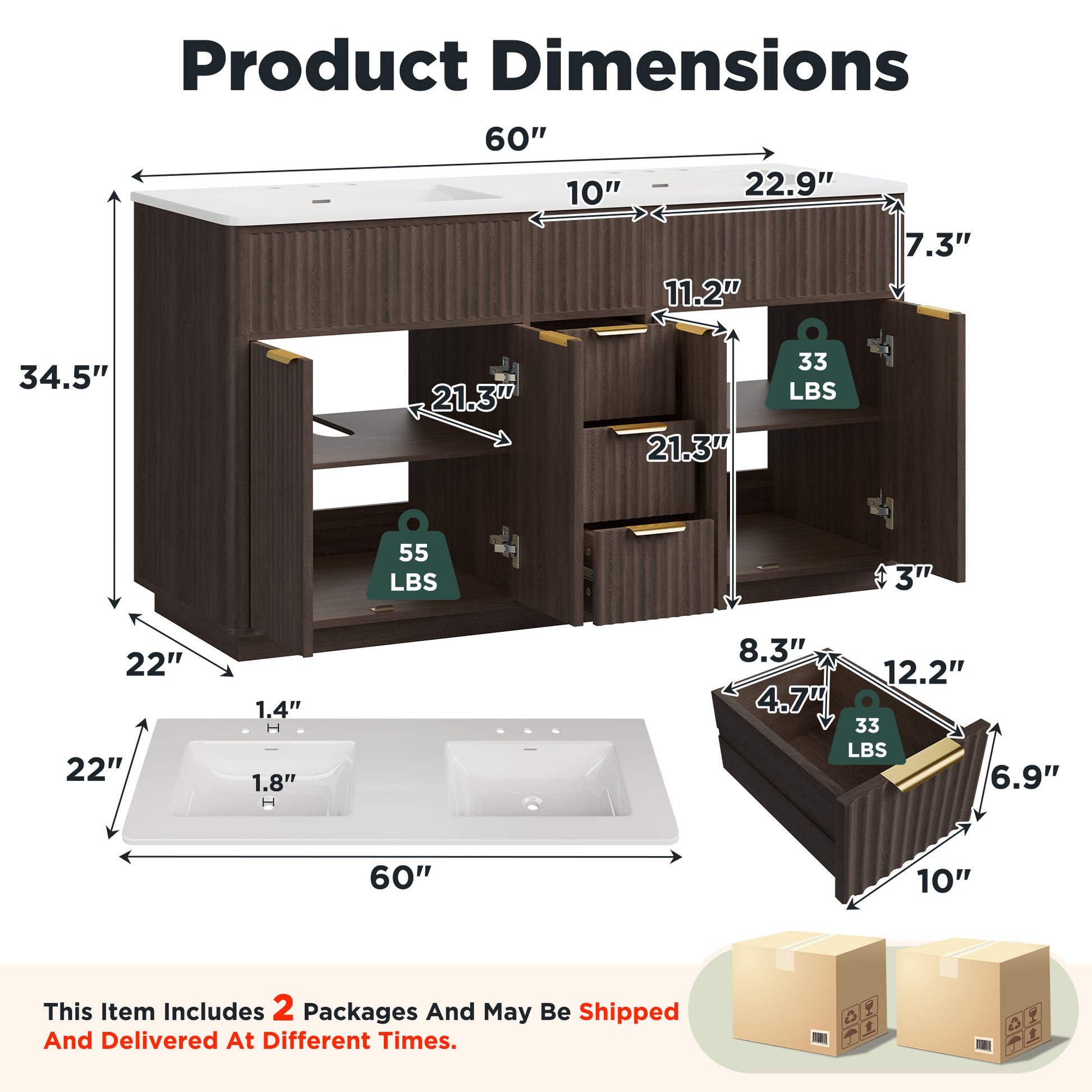 Modern Fluted Bathroom Vanity Collection - 60‘’-brown