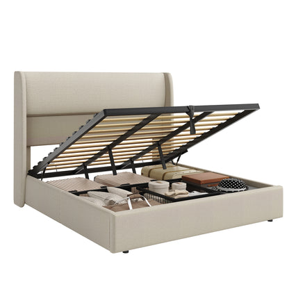 Haven Upholstered Hydraulic Storage Bed Frame-Queen-Khaki