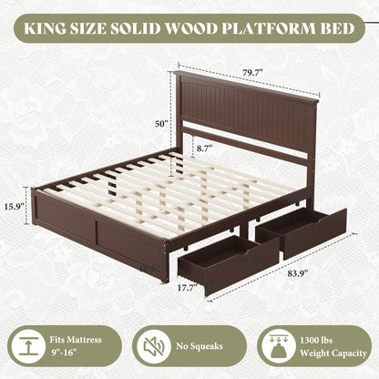 Solid Wood Platform Bed Frame-King-Espresso Brown