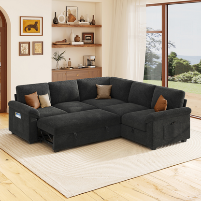 Sleeper Sectional Sofa with Pull Out Bed & Storage-81" | 5-Seater | Fixed backrest-Black