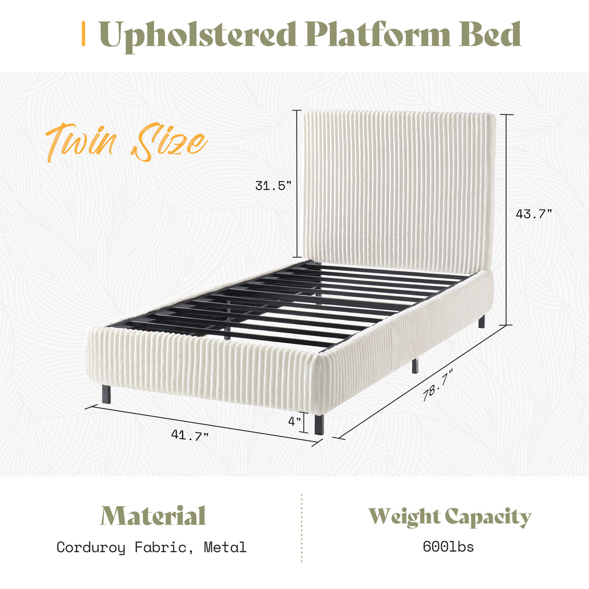 Velmure Corduroy Platform Bed Frame-Twin-Cream