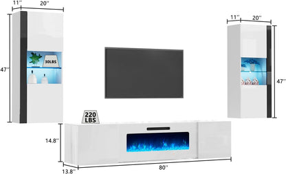 Photon Floating Fireplace TV Stand Wall Unit Amerlife 80" / All White