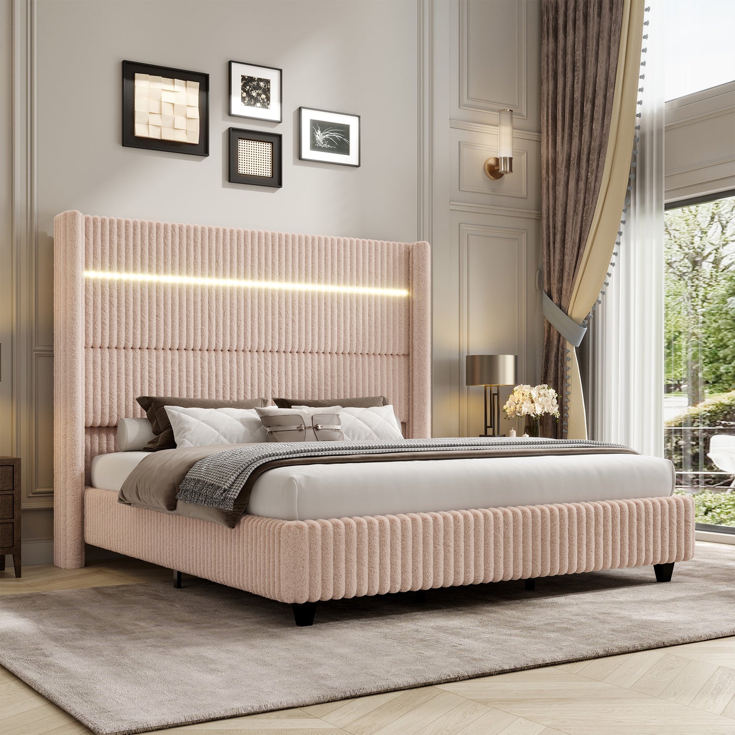 Warren Faux-Fur Bed Frame Amerlife Beige / California king