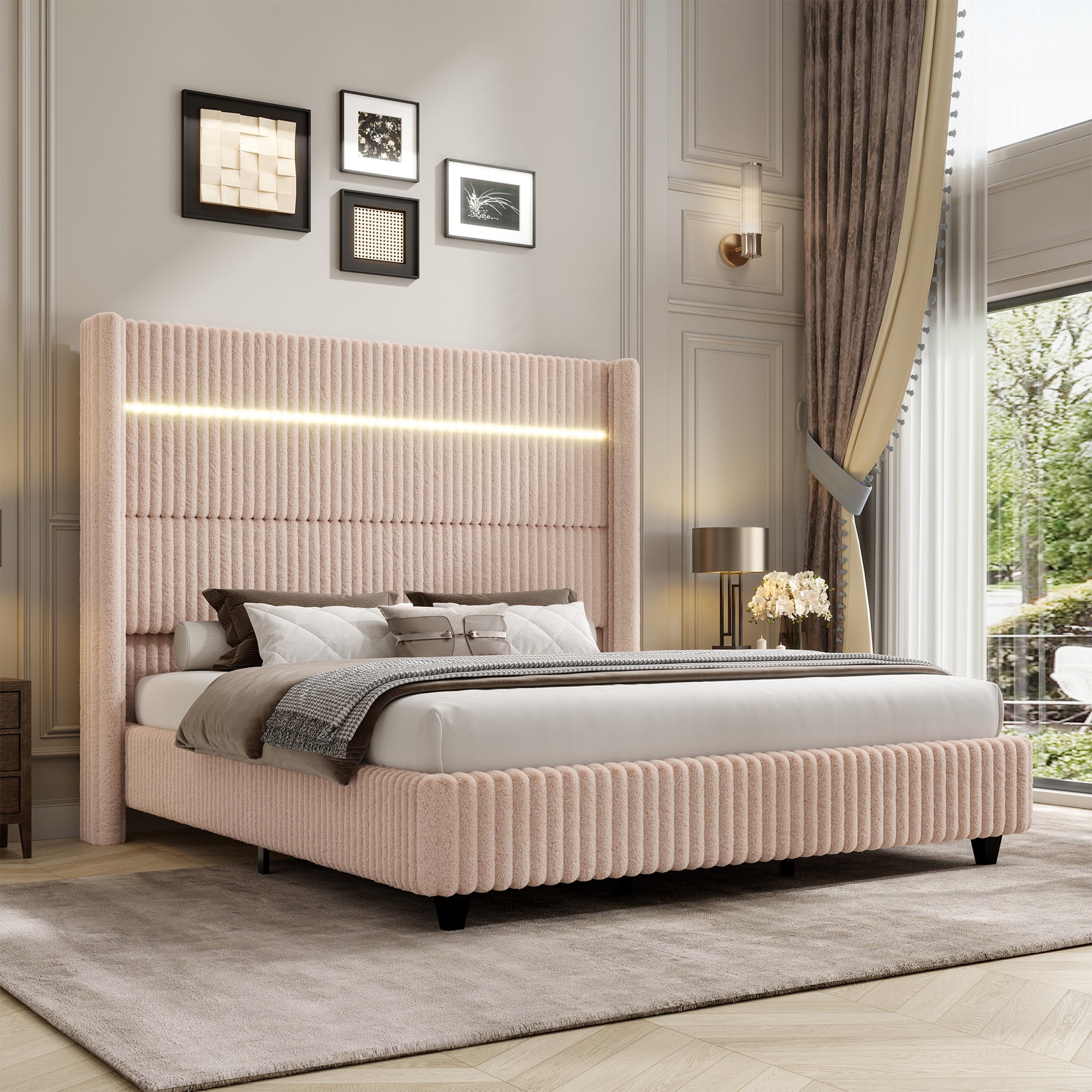 Warren Faux-Fur Bed Frame Amerlife Beige / California king