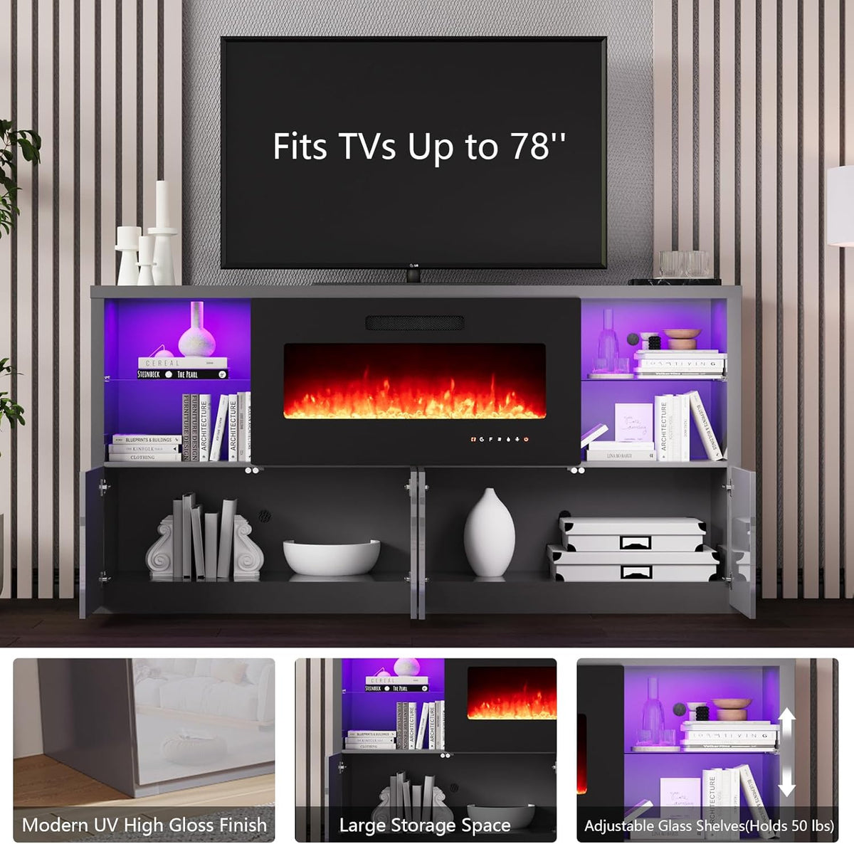 Nebula 68" Fireplace 5-Piece Living Room Set Amerlife 68“ / Grey