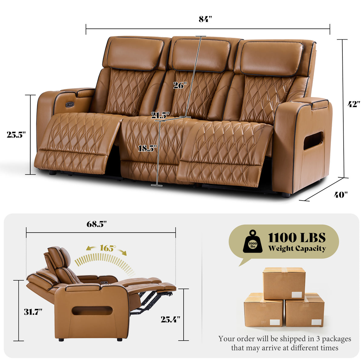 AMERLIFE Recliner Sofa with Zero Gravity, Home Theater Seating, Brown