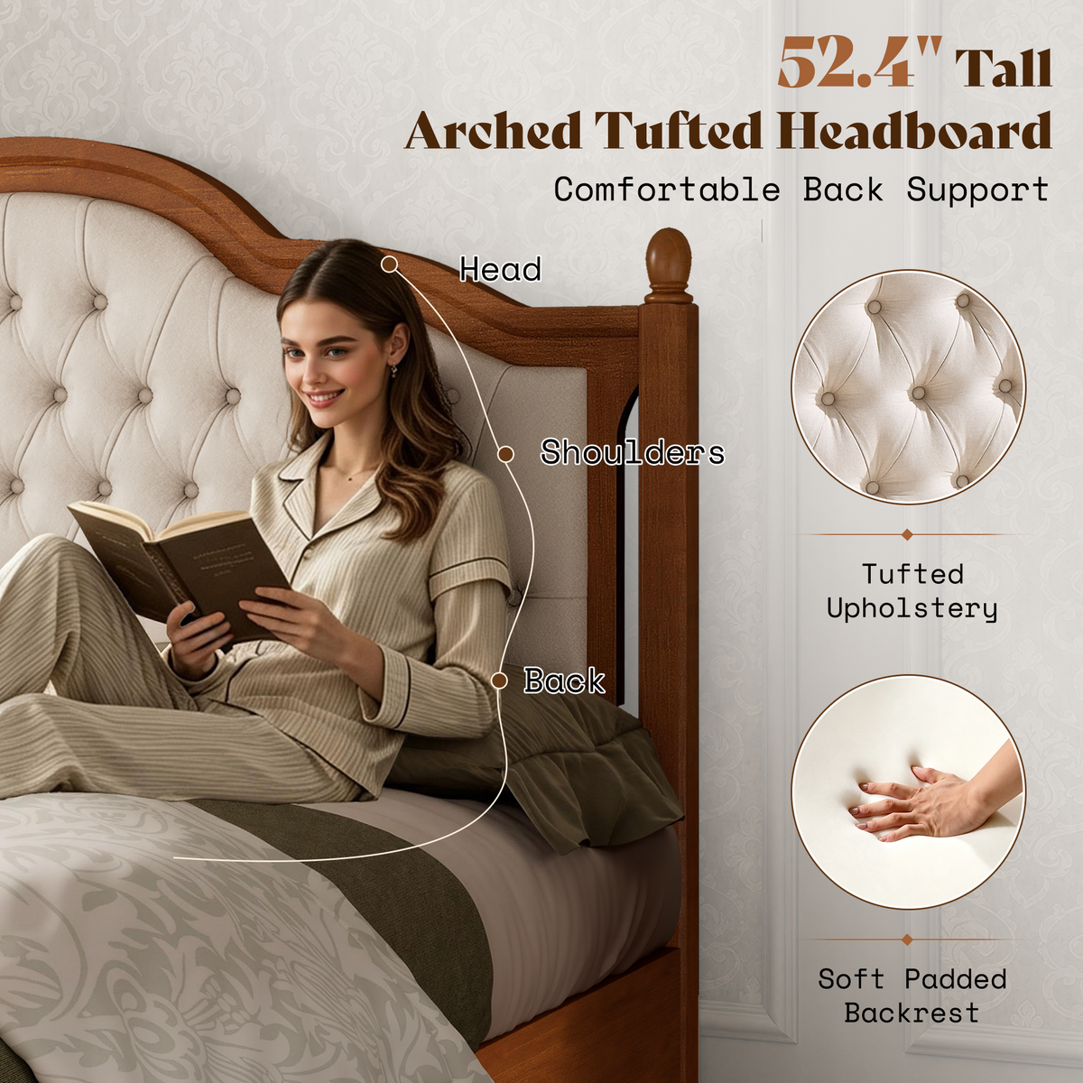 Astor Solid Wood Bed Frame with Upholstered Headboard