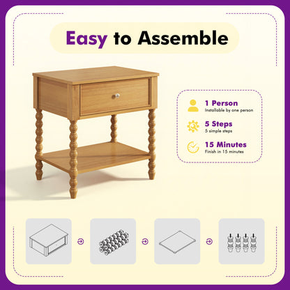 Spindle Solid Wood Nightstand   Natural Wood / 1PC