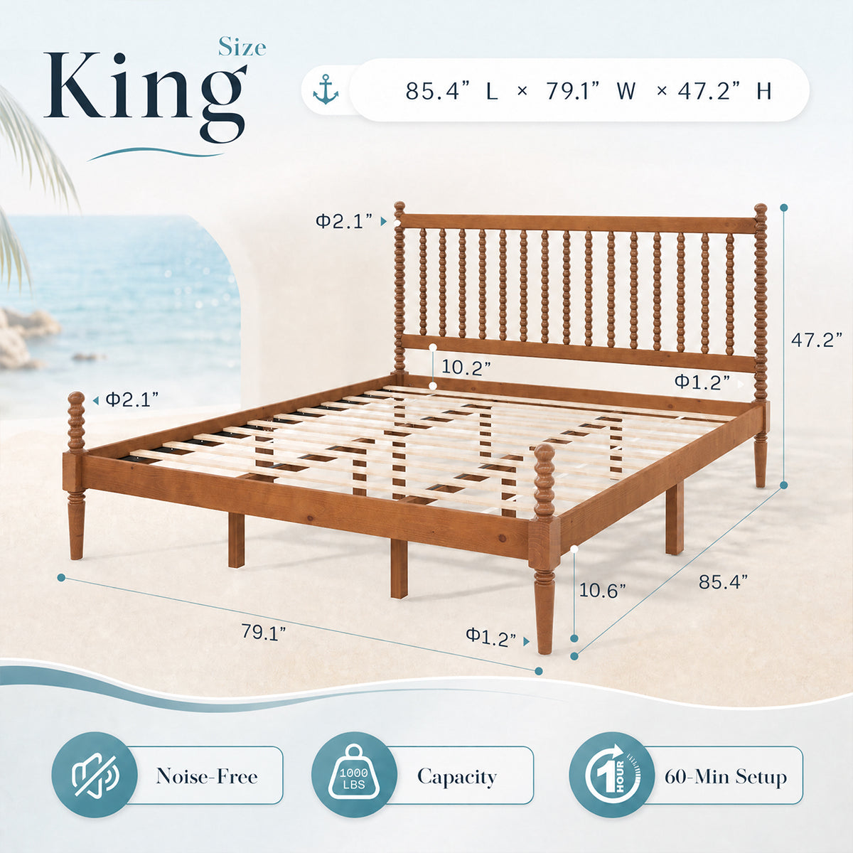 Classic Bobbin Solid Wood Bed Frame-King-Brown Walnut