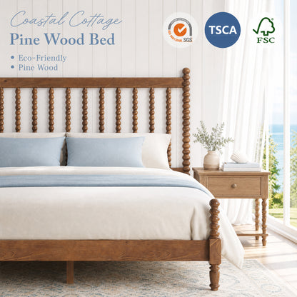 Classic Bobbin Solid Wood Bed Frame-Queen-Dark Walnut