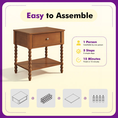 Spindle Solid Wood Nightstand  Brown / 1PC
