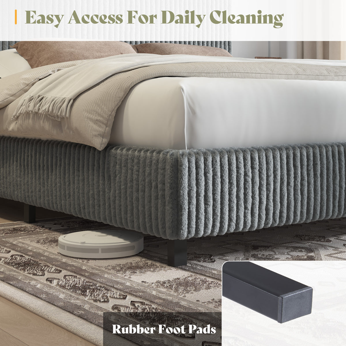 Velmure Corduroy Platform Bed Frame-King-Grey