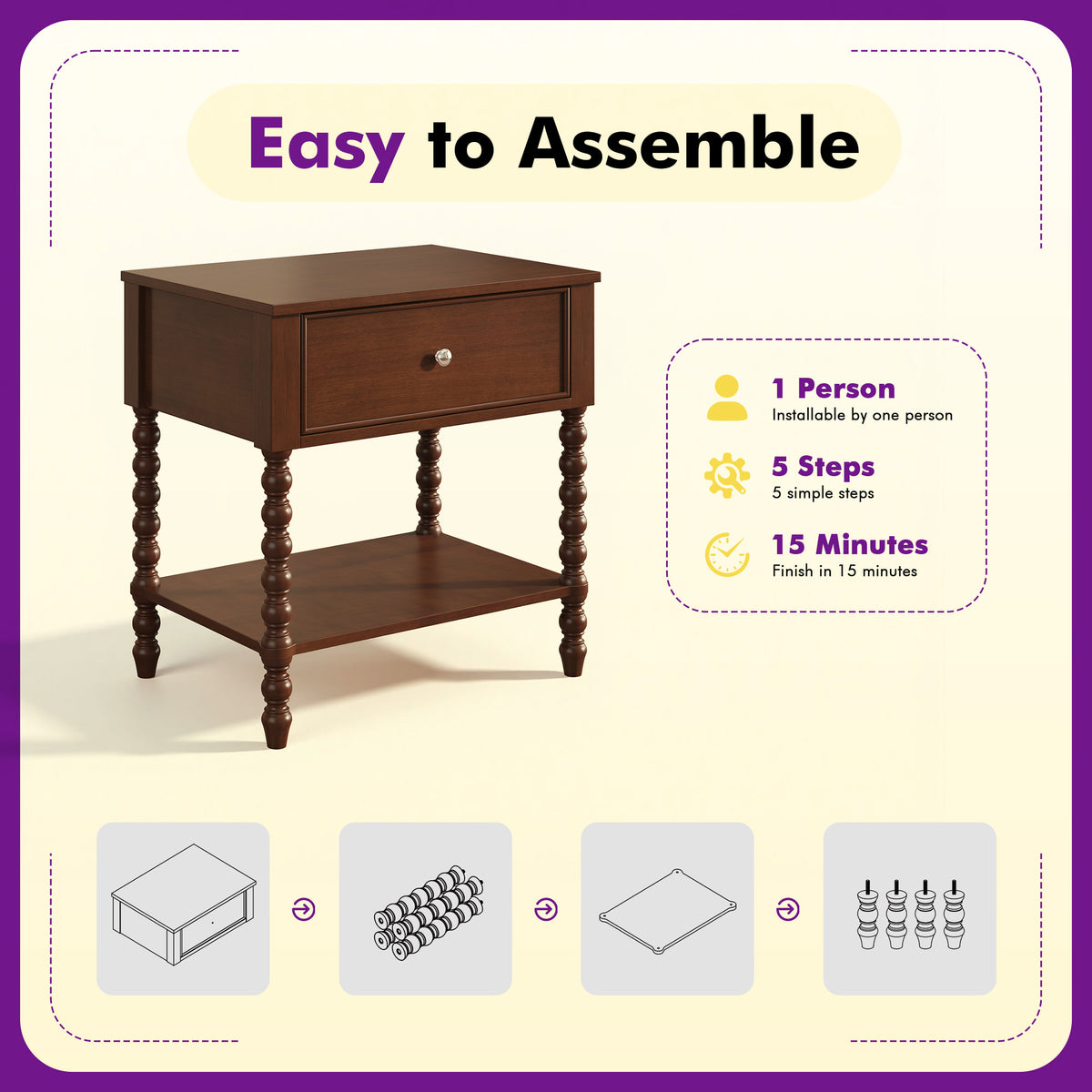 Spindle Solid Wood Nightstand  Dark Walnut / 1PC