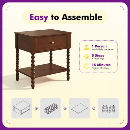 Spindle Solid Wood Nightstand  Dark Walnut / 1PC