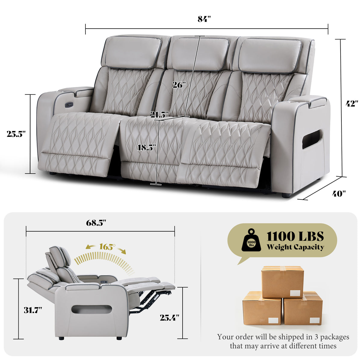 AMERLIFE Recliner Sofa with Zero Gravity, Home Theater Seating, Light Grey