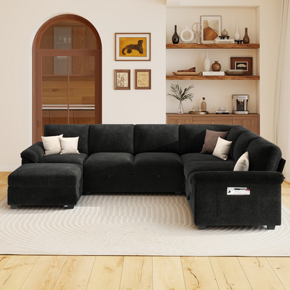 Sleeper Sectional Sofa with Pull Out Bed & Storage-105" | 7-Seater-Black