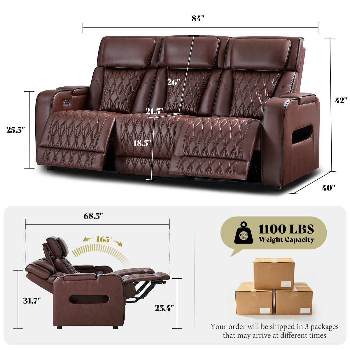 AMERLIFE Recliner Sofa with Zero Gravity, Home Theater Seating, Dark Brown