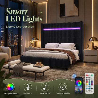 Warren Upholstered Bed Frame with LED Lights-California King-Black