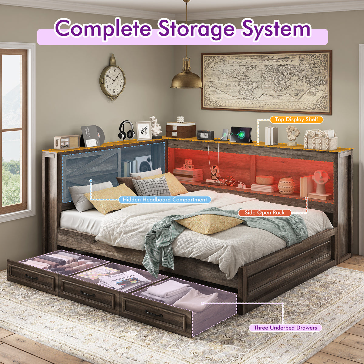 Slide Farmhouse Corner Bed Frame Amerlife Rustic Gray / Full