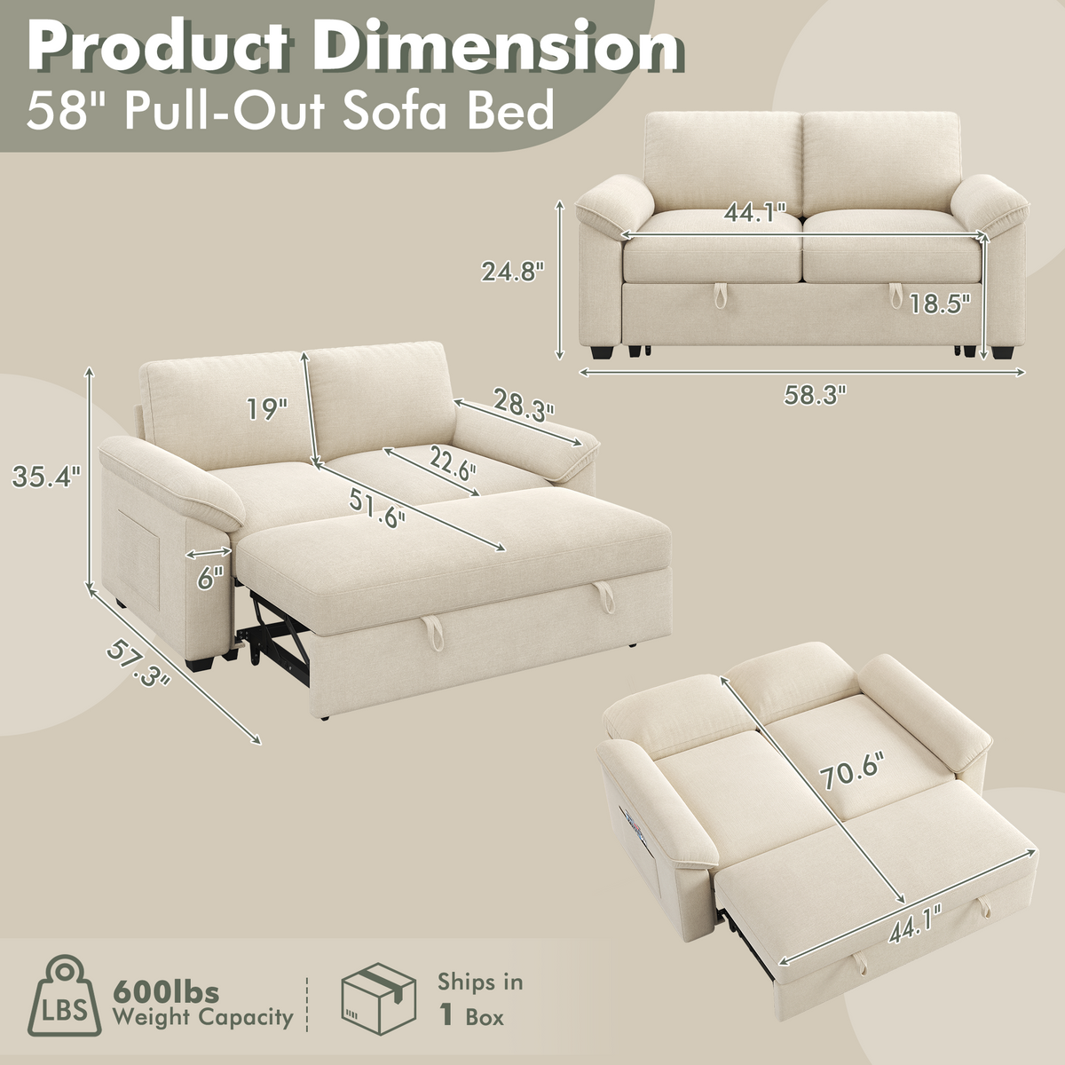 Sleeper Sectional Sofa with Pull Out Bed & Storage-56" | 2-Seater-Beige