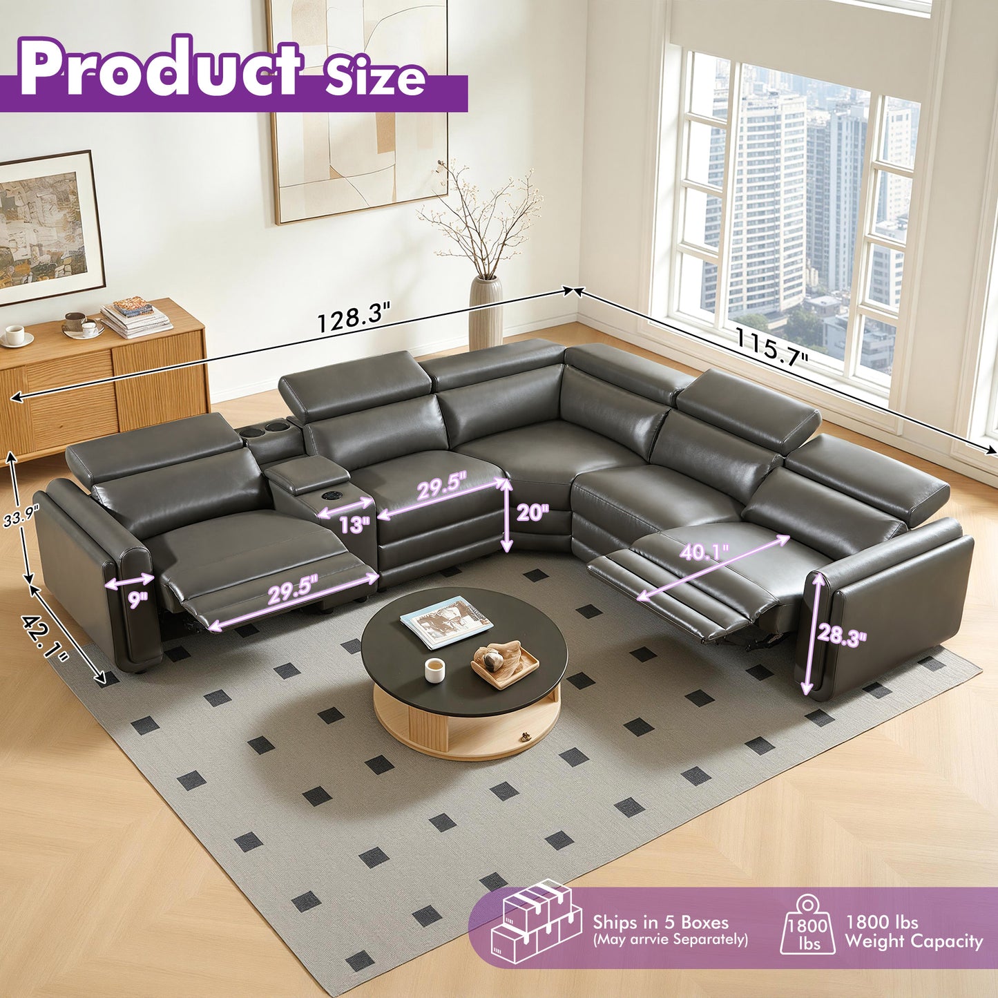 Vesper Dual Power Electric Reclining Sofa  Dark Grey