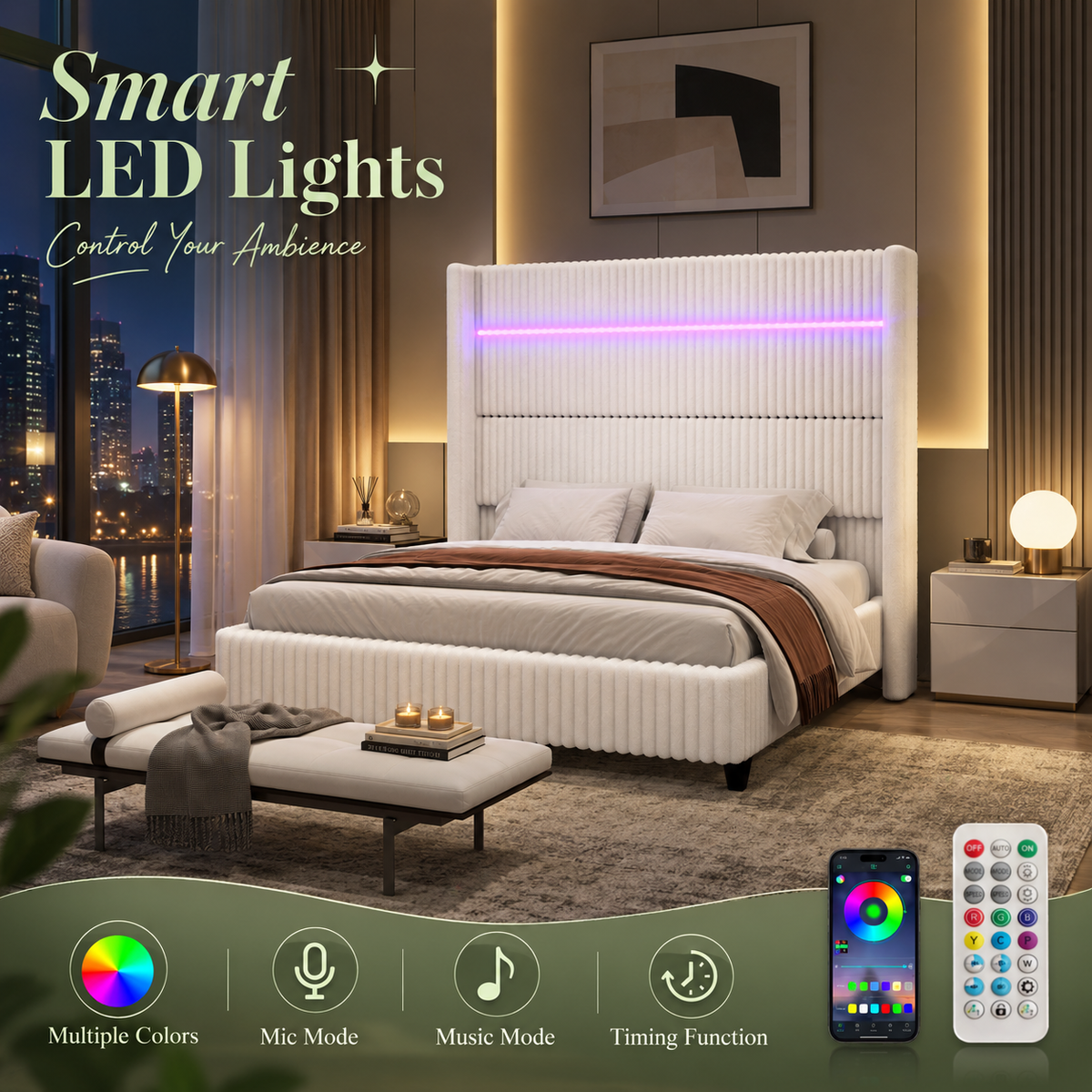 Warren Upholstered Bed Frame with LED Lights-Queen-White