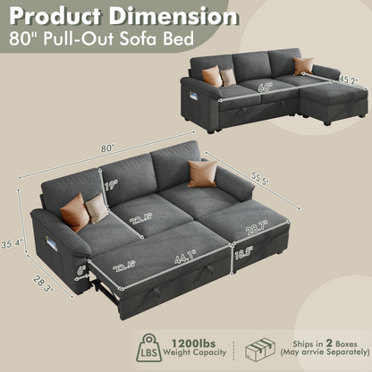 Sleeper Sectional Sofa with Pull Out Bed & Storage-81" | 3-Seater | Fixed backrest-Gray