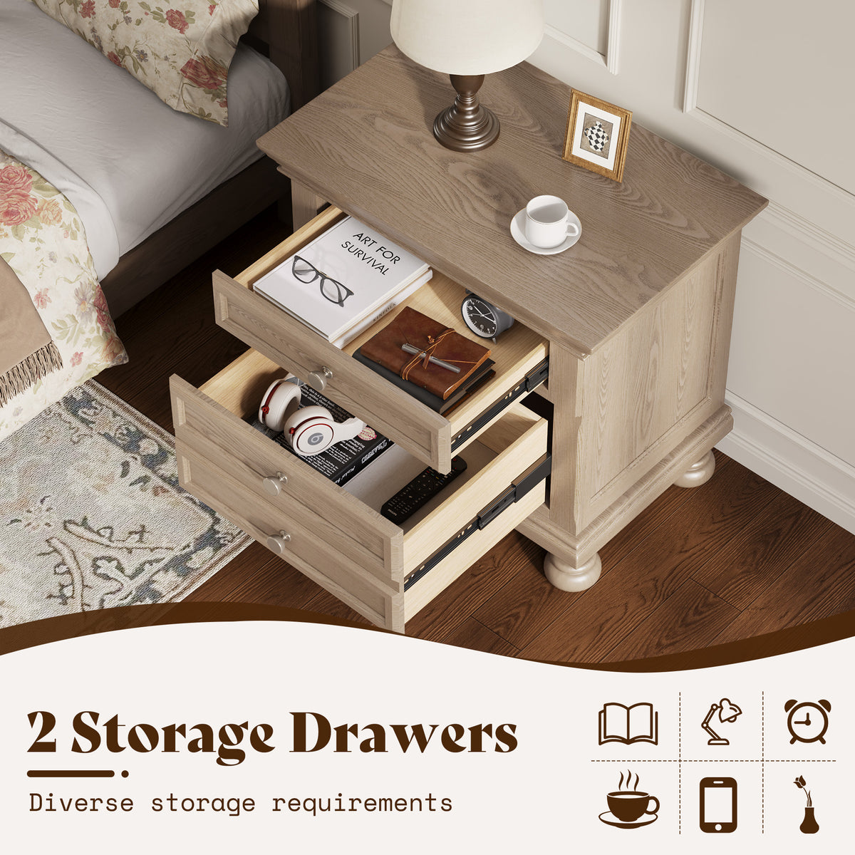 Bobbin Dark Solid Wood Nightstands Set-Warm Taupe-2-Piece Set