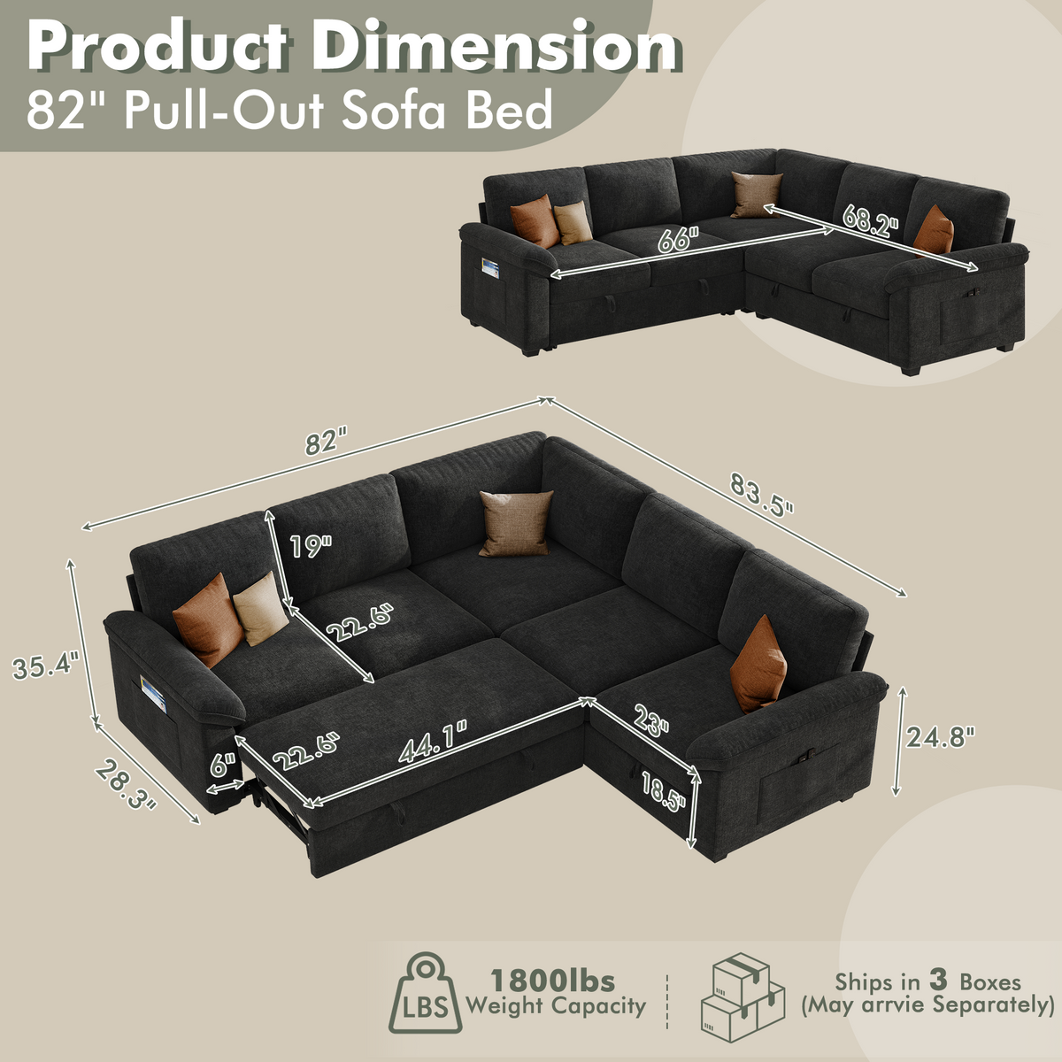 Sleeper Sectional Sofa with Pull Out Bed & Storage-81" | 5-Seater | Fixed backrest-Black