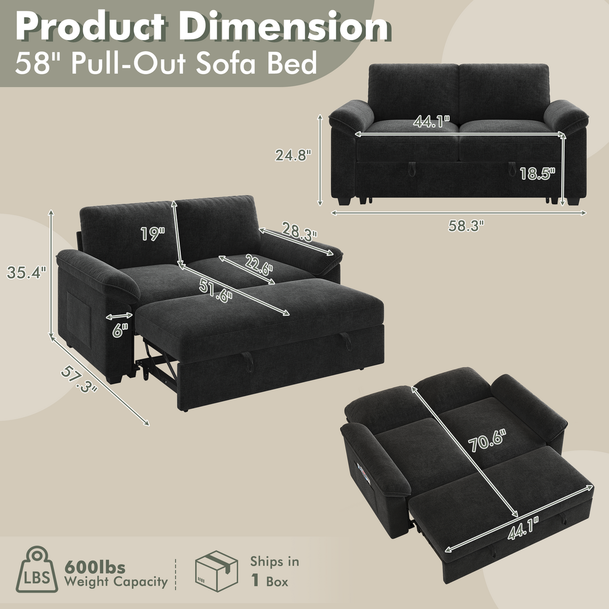 Sleeper Sectional Sofa with Pull Out Bed & Storage-56" | 2-Seater-Black