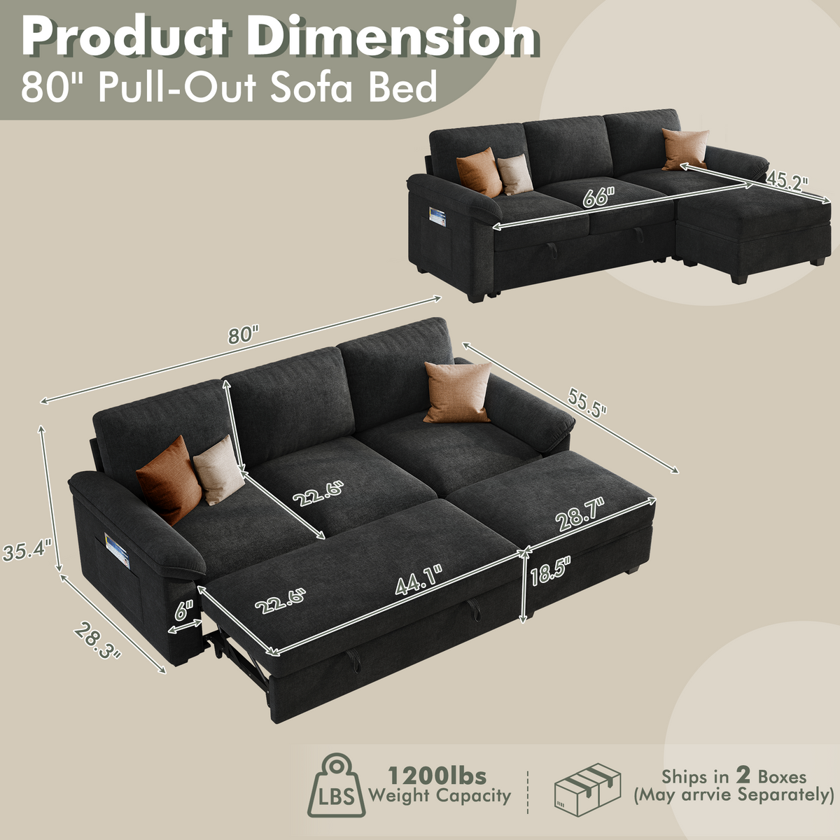 Sleeper Sectional Sofa with Pull Out Bed & Storage-81" | 3-Seater | Fixed backrest-Black