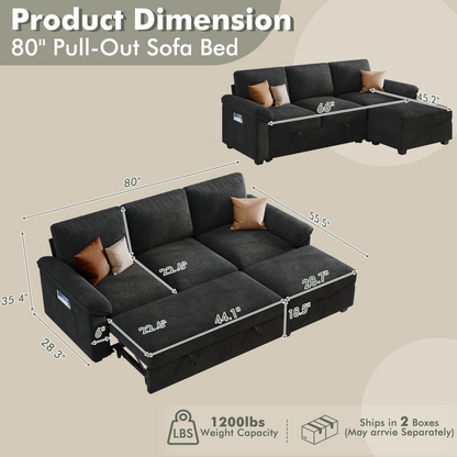 Sleeper Sectional Sofa with Pull Out Bed & Storage-81" | 3-Seater | Fixed backrest-Black